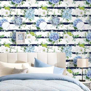 Imagem de Stickyart Papel de parede listrado floral azul branco descasque e cole rosa hortênsia suculenta papel de parede para paredes autoadesivo listrado folha de flor papel de contato removível para armários
