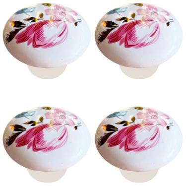 Imagem de Puxadores de cerâmica rosa com flor Tverghvad, kit com 4 unidades