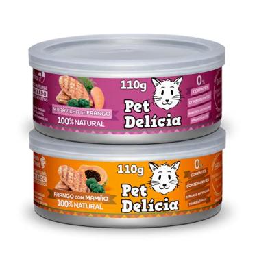 Imagem de Caixa mix com 9 unidades Maravilha de Frango 110g e 9 unidades Frango com Mamão 110g Pet Delícia gatos