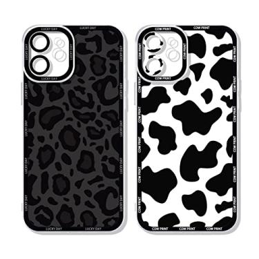 Imagem de RUMDEY 2 capas de telefone com estampa de vaca e guepardo fofa para Apple iPhone 12 de 6,1 polegadas, capas protetoras luxuosas de silicone macio e TPU à prova de choque para mulheres e meninas - preto e branco