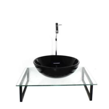 Imagem de Kit Cuba Vidro Redonda 10Mm Preta Tampo 50Cm Incolor Suporte - Cubas E