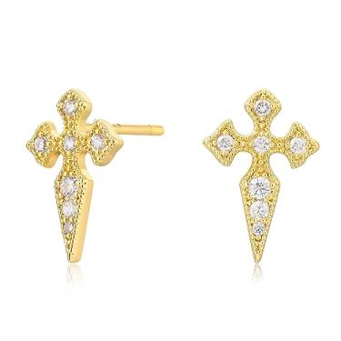 Imagem de BENEIGE Brincos de ouro delicados para mulheres banhados a ouro 14 K argola pendurada cobra olho turco borboleta cruz coração orelha brincos hipoalergênico minimalista joia presente para mulheres, Cross-2, Latão, Zircônia cúbica