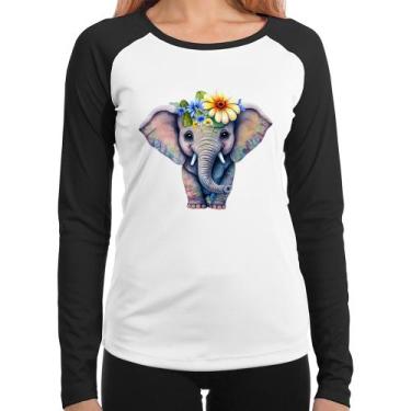 Imagem de Baby Look Raglan Elefante E Flores Manga Longa - Foca na Moda, Branco,
