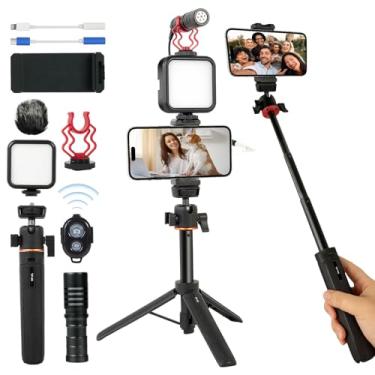 Imagem de Kalofaye Kit de vlogging para iPhone, Android, kit de iniciação do YouTube compatível com luz LED recarregável + microfone + clipe de telefone + tripé multifuncional para vlogging, Instagram, TikTok