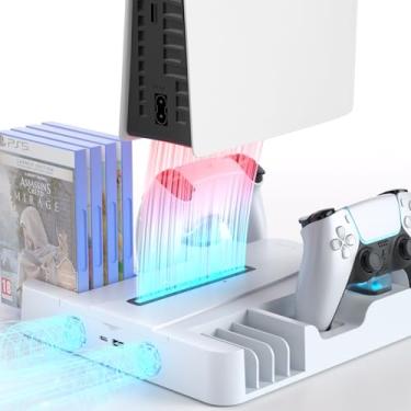 Imagem de Juseisin Suporte multifuncional para PS5, estação de resfriamento com ventilador de 3 velocidades, base de carregamento de controle duplo e organizador de jogos para PS5 Slim/Disc/Digital, Ultimate