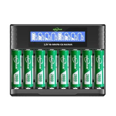 Imagem de Bateria Ni-MH AA de 2800 mAh com carregador, 8 pilhas AA Ni-MH SUNLYTOUR de 2800 mAh com 8 compartimentos, carregador de bateria AA AAA, recarrega até 1200 ciclos