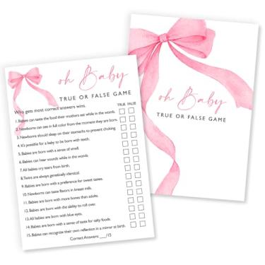 Imagem de Wybgno Oh Baby True or False Baby Shower Game, 25 Ready-to-Play Pink Bow Cards with Answer Key, Fun & Interactive Quiz for Baby Girl Showers -A08