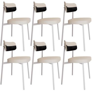Imagem de Kit 06 Cadeiras Estofada Para Sala De Jantar Astrid Branco C01 Linho Palha Courino Preto - Lyam Decor