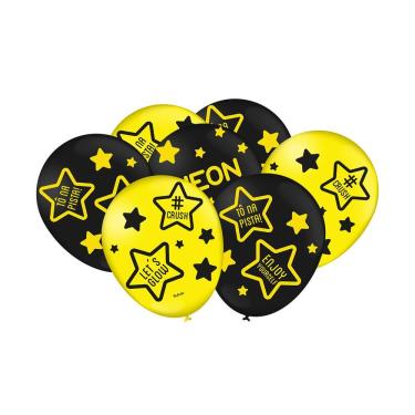 Imagem de Balão Estampado Neon Estrela Preto E Amarelo 9 Pol 25 Un.