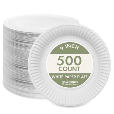 Imagem de HOME GOODS MARKETPLACE Pratos de papel de 22,88 cm - 500 unidades, pratos de papel não revestidos, prato descartável diário de 23 cm, branco, ótimo para armazenar despensa, piqueniques, churrasco e