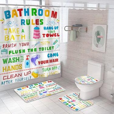 Imagem de Conjunto de cortina de chuveiro infantil de 4 peças, com tapetes antiderrapantes, capa de tampa de vaso sanitário e tapete de banho, regras engraçadas para banheiro, estampa colorida, meninos e
