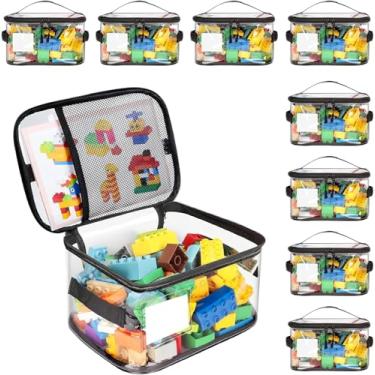 Imagem de Pacote com 8 sacos de armazenamento transparentes com etiqueta de nome e bolso manual, estojo organizador de PVC transparente à prova d'água para Lego Bricks, giroscópio Bey Battling, quebra-cabeças