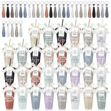 Imagem de Tioncy 30 conjuntos de presentes de agradecimento de funcionários a granel copo de plástico de 680 g com tampa e canudo xícaras de café reutilizáveis com chaveiro, cartão de laço, presentes de Natal