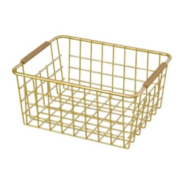 Imagem de Fenteer Cesto de armazenamento de ferro, organizador de cozinha com alça, organizador de brinquedos para armários, banheiro, despensa, armários de escritório, Dourado 28x17.5x12cm