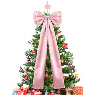 Imagem de Enfeite de árvore de Natal, laços, guirlanda de cetim grande, para decoração de árvore de Natal, decoração clássica rosa e dourada para Natal, festa em casa, casamento, porta da frente, grades de