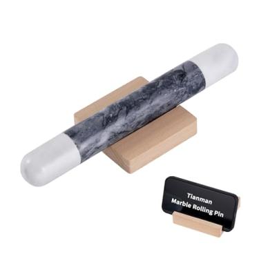 Imagem de Tianman Rolo de massa de mármore francês. Rolo de massa de mármore de 30 cm para assar com suporte de base de madeira - Rolo de cozimento antiaderente para assar fondant, pizza, biscoitos, crosta