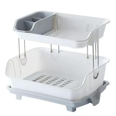 Imagem de Grelha de secagem de pratos grelha de escorredor de pratos de cozinha de camada dupla, prateleira de armazenamento de prateleiras de pratos de plástico PP com bandeja de drenagem prateleira de pratos