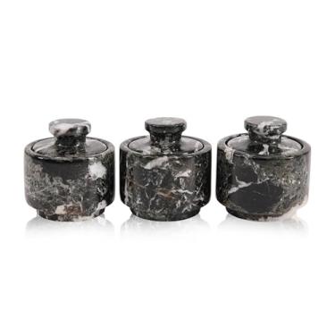 Imagem de EARTHENTONES Conjunto de 3 adegas de sal de mármore, adega de especiarias premium preta zebra com tampa, recipientes de chá e café e açúcar, organizador de bancada de cozinha moderno e conjunto de
