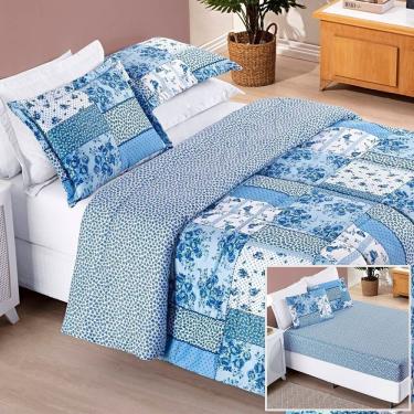 Imagem de Edredom 2,60m X 2,40m + Jogo De Cama Bouti Estampado King 06 Peças 100% Poliéster - Azu...