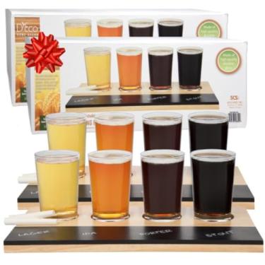 Imagem de D'Eco Placas de amostras de voo para degustação de cerveja (pacote com 2) - O conjunto inclui oito copos de cerveja Pilsner Craft Brew de 170 g e 2 pás de madeira com quadros-negros - Ideia divertida