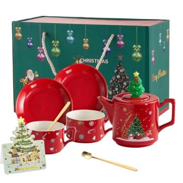 Imagem de Conjunto de chá de Natal com infusor removível, conjunto de chá de cerâmica Atarvana com 1 bule de chá de 450 ml, 2 xícaras de chá e pires de 240 ml, 2 colheres com caixa de presente para presente de
