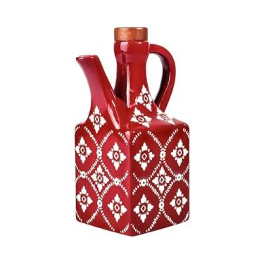 Imagem de Frasco dispensador de azeite de oliva de cerâmica vermelha 600 ml – Decantador para cozinha com alça e rolha de madeira, conjunto de dispensador decorativo de óleo e vinagre, recipiente de óleo de