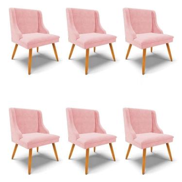 Imagem de Kit 6 Cadeiras Estofadas Para Sala De Jantar Pés Palito Lia Suede Rosa Bebê - Ibiza