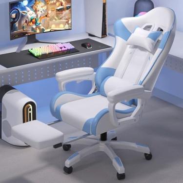 Imagem de HGTRH Cadeira de jogos, encosto alto ergonômico, encosto de cabeça, suporte lombar, tecido respirável, rotação de 360°, ajuste de altura, com apoio para os pés azul