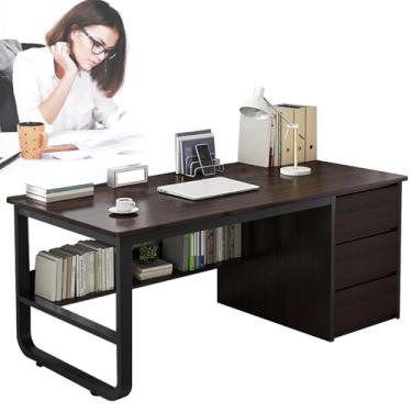 Imagem de Escrivaninha moderna de madeira com 3 gavetas, mesa de computador com prateleiras de armazenamento, pernas de aço, mesa de escritório em casa, mesa de estudo, mesa de trabalho para computador, mesa de