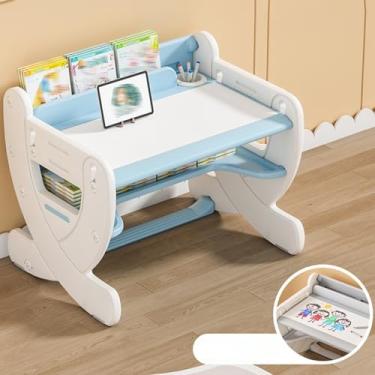 Imagem de Yadlan Mesa infantil altura ajustável com prateleira, mesa de escrita e limpa crianças de 1 a 12 anos, mesa de estudo para crianças com armazenamento de escritório e suporte para caneca/caneta azul