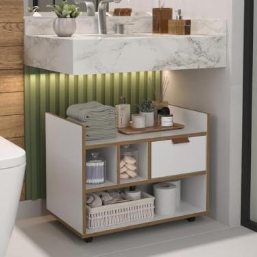 Imagem de Gabinete de Banheiro com Rodízios e Gaveta – Armário Organizador Multiuso, Cores Diversas e Compacto para Lavabo(Branco com Freijo)