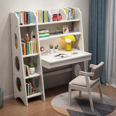 Imagem de Yadlan Mesa infantil com gavetas e estante de livros, mesa de mídia infantil de madeira maciça, estação de trabalho de computador de aprendizagem de estudante e escrivaninha com prateleira de