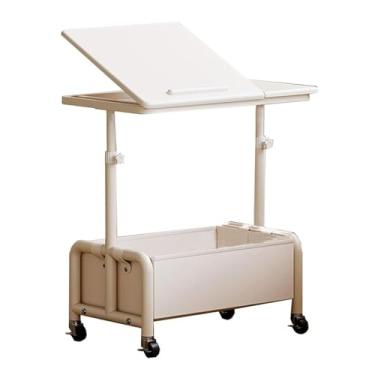 Imagem de Mesa de cabeceira, mesa lateral móvel com cesta de armazenamento de couro 48 x 33 x 16 cm ajuste de altura 55-75 cm fita antiqueda de armazenamento de camada dupla 60 x 40 cm carrinho de rodinhas