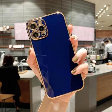 Imagem de HTVJFX Capa luxuosa banhada a ouro para iPhone 15 Pro, capa protetora de lente de silicone macio (para iPhone 15 Pro/azul escuro)