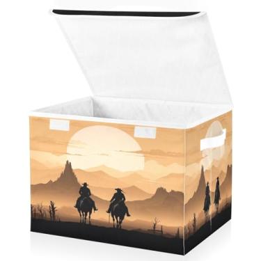 Imagem de Blueangle Cestos de armazenamento American West Cowboy com tampas, 42 x 32 x 30 cm, grande cesta organizadora dobrável para decoração de casa e escritório (520)