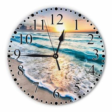 Imagem de Relógio de parede ondulado à beira-mar, 25 cm, operado por bateria, oceano, tropical, praia, pôr do sol, anoitecer, azul, verão, havaiano, silencioso, sem tique-taque, moderno, decorativo, para casa,