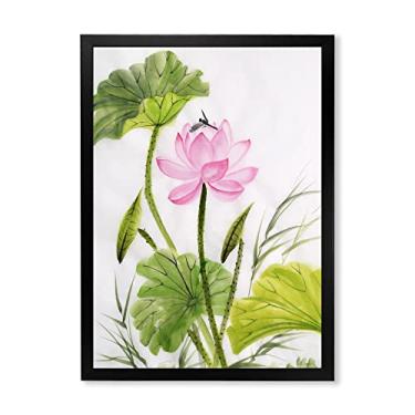 Imagem de DesignQ Arte de parede emoldurada tradicional de flor de lótus vintage com folhas verdes