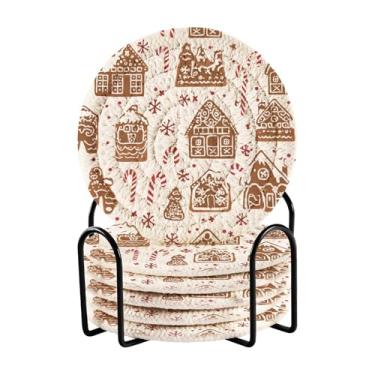 Imagem de Blueangle 6 peças de porta-copos de biscoito de gengibre para bebidas, porta-copos de tecido redondo super absorvente para mesa de café, proteção de mesa para decoração de casa (455)