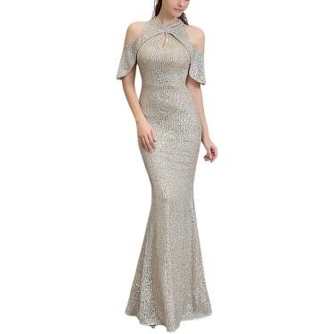 Imagem de Vestido De Noite Feminino Formal Com Gola Alta Manga Curta Lantejoulas Slim Fit Vestidos De Coquetel, Apricot Silver, XXL
