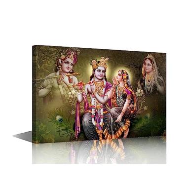 Imagem de TUMOVO Arte de parede Lord Radha Krishna para quarto Deus hindu pintura em tela flauta Índia religiosa grande arte de parede para sala de estar decoração de casa contemporânea 1 painel esticado em