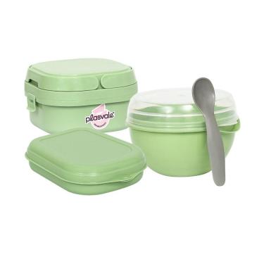 Imagem de Kit Bowl 500ml Com Colher + Marmita Com 2 Compartimentos, Travas E Alças Plasvale + Sanduicheira Verde Oliva