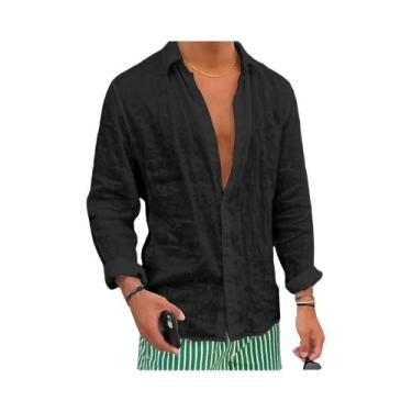 Imagem de Camisa Masculina Slim Fit De Algodão E Linho Manga Longa Casual Cor Só