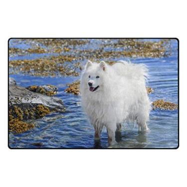 Imagem de ColourLife Tapetes de área leve e macio, branco sorridente para cães, tapete de piso Samoied, para sala de jogos, piso de madeira, sala de estar, 152,4 x 99 cm (1,5 x 1,6 m) Tapetes de berçário
