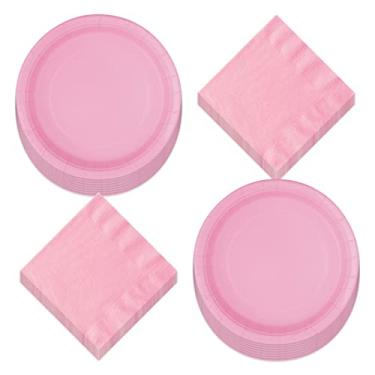 Imagem de Pratos de jantar e guardanapos de almoço de papel rosa claro sólido - artigos de festa bonitos rosa claro para aniversários, chás de festa, festas de primavera e mais (serve 16)
