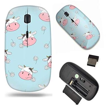 Imagem de Mouse óptico de padrão exclusivo móvel sem fio 2,4 G portátil para notebook, PC, laptop, computador - desenho animado de vaca e flor