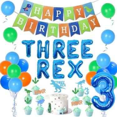 Imagem de Decorações de aniversário de 3 anos de dinossauro para meninos – Suprimentos de festa de três Rex azuis com balões de dinossauro número 3, faixa de feliz aniversário, balões verdes e azuis, topos de bolo para aniversário de menino de três anos