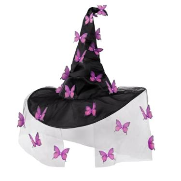 Imagem de MGupzao Halloween Witch Hat - Halloween Costumes Outfit for Women, Witches hats for Women Adult Attached Butterfly and Veils, Cosplay Costume Halloween Party Favors （Purple）
