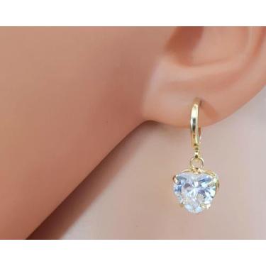 Imagem de Brinco Argolinha com Coração Pedra Zirconia Cristal Folheado Ouro 18k 