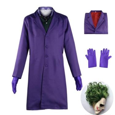 Imagem de Adult Knight Clown Joker Costume Mask Purple Suit Vest Long Jacket Outfit Overcoat Mask Set Halloween Cosplay Man Teens Dress Up Large