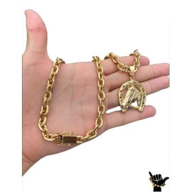 Imagem de Corrente Cadeado 8mm + Pingente Ferradura - Banhado a Ouro - Tojoia18K